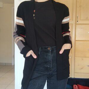 Stylish Black Open-Front Cardigan with Striped Sleeve Detail